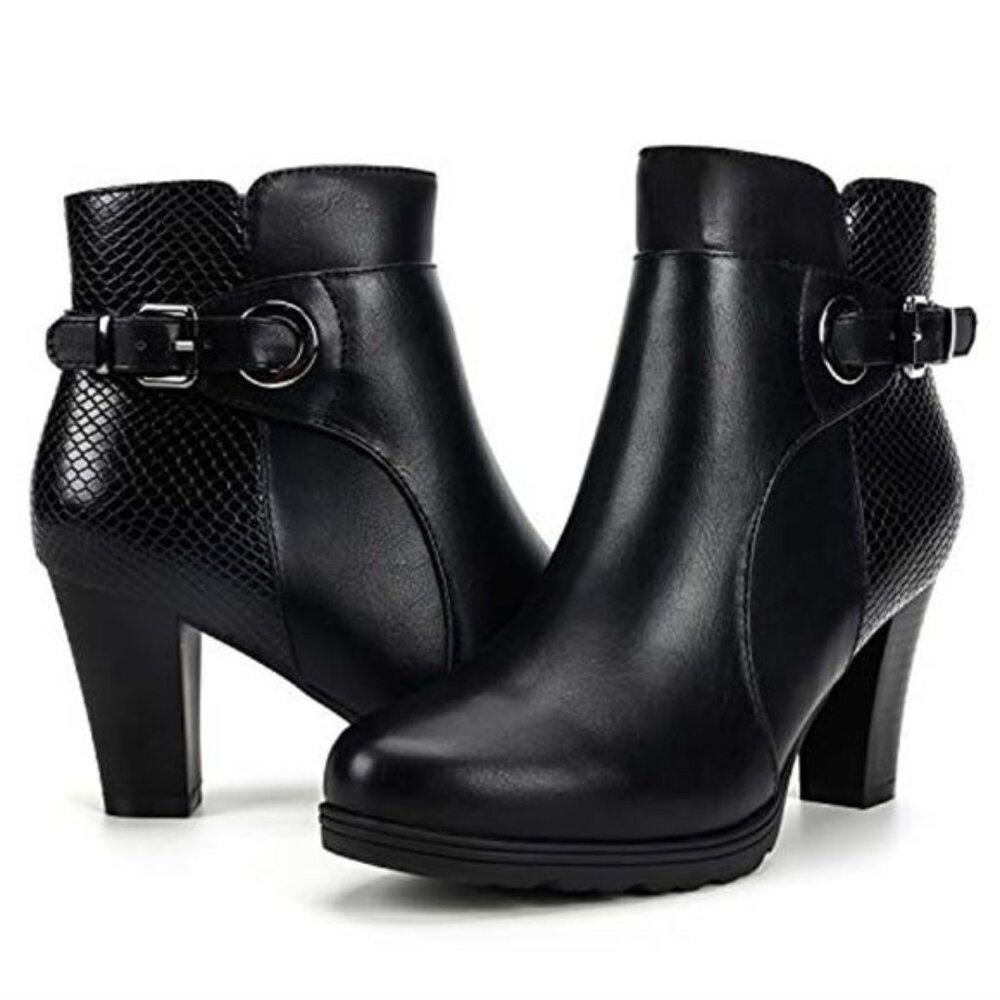 Women Ankle Boots Chunky Heel Zipper Buckle Strap Round Toe Casual Dress Shoes